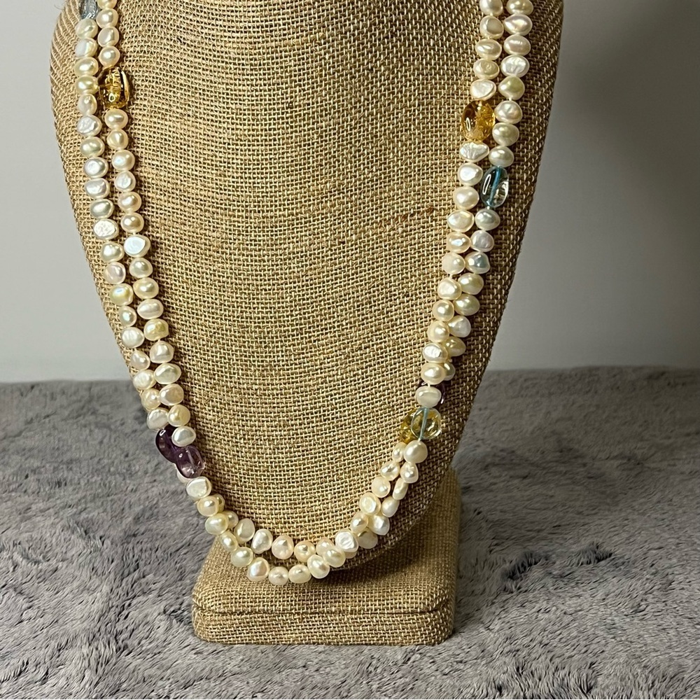 Double Strand Freshwater Pearl Gemstone Beads Necklace 22in - Picture 2 of 7